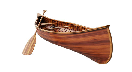 Handcrafted wooden canoe paired with paddle showcases fine woodworking and classic design aesthetic.