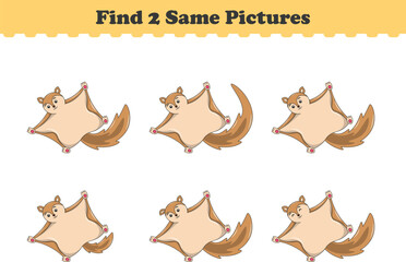 Funny cartoon Flying squirrels. Find two same pictures. Educational game for children. Cartoon vector illustration