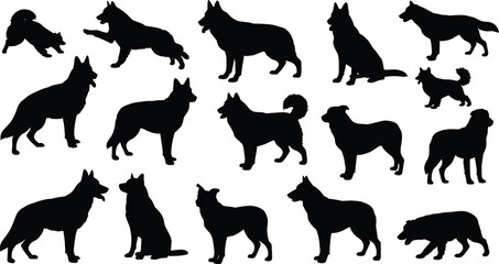 Collection of dog silhouette illustrations, various breeds and poses, black vector icons for pet design, canine template, animal art, isolated on white background for graphic use.