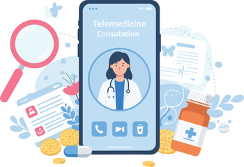 Telemedicine Consultation, Online Doctor, Remote Healthcare, Virtual Medical Services, Digital Health App, Patient Care, Mobile Telehealth, E-Health Technology,  flat vector illustration