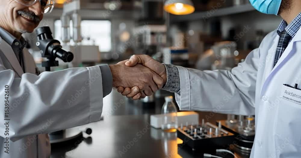 Poster close-up of two scientists in white lab coats shaking hands in a laboratory setting. a microscope an