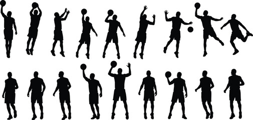 Silhouette of basketball players in various action poses, jump shots, dribbling, defense moves, isolated on white background, perfect vector set for sports design and illustrations.