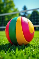 A brightly colored sphere sits on lush grass adjacent to a volleyball court , sporting equipment, recreation