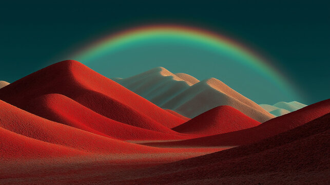 Minimalist landscape of red mountains with rainbow over dark sky, pale peaks backdrop creating magical contrast for digital art, wallpaper designs, nature-themed posters, and meditative visuals. Vibra