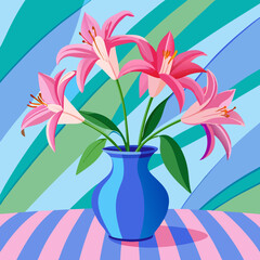 The image is a painting of three pink lilies in a blue vase. The vase is placed on a pink and blue striped tablecloth. The lilies are in full bloom with their petals open wide and their stamens pointi