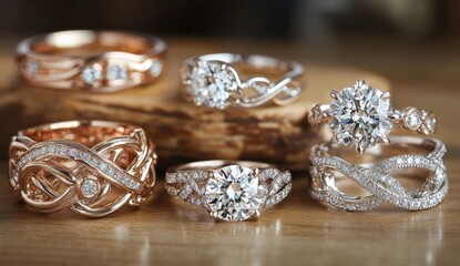 Elegant diamond rings in rose gold and white gold on wood