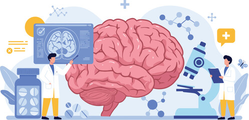 Neuroscience Research, Brain Health Exploration, Medical Science, Cognitive Study, Advanced Neurology, Mental Wellness, Innovative Treatment, Human Brain Anatomy, . flat vector illustration