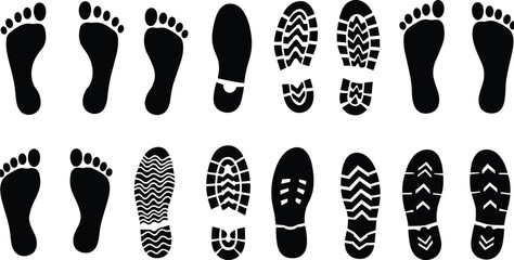 Footprint icons set, barefoot silhouette, shoe sole imprint vector, walking steps symbol, footwear pattern design, black foot shape art, isolated walking icons, sole tracking marks.