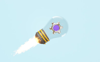 3d light bulb jet with gear isolated on blue background. startup, business idea, investment business target concept, 3d render illustration