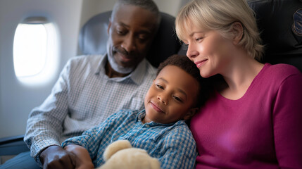 Fototapeta premium Family sitting together on airplane seats with a child resting on their laps. 