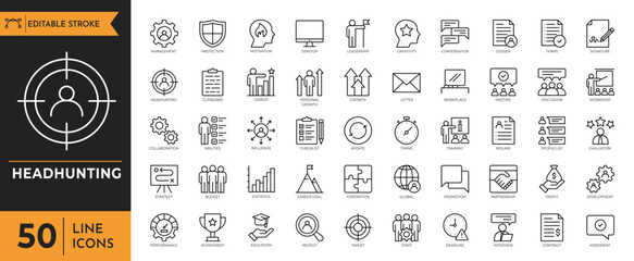 Headhunting outline icon set. Containing recruitment, employment, hiring, job, career, resume, work group, candidate, HR, business and more. Editable stroke. Vector illustration.