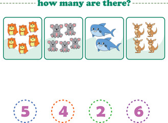 Counting game of wild animals for preschool kids. Printable. Vector Illustration