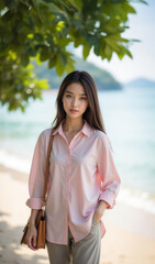 Young Asian woman with light pink shirt pose on the beach, holiday or vacation concept.