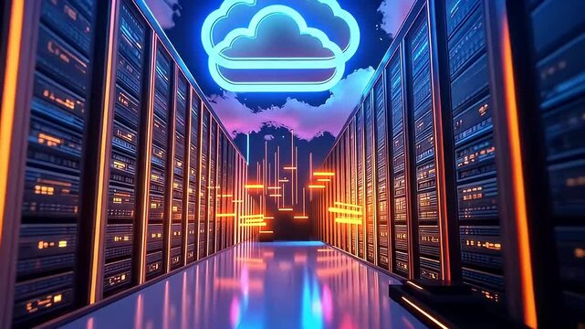Digital Server Room Interior with Glowing Cloud and Futuristic Design Elements in a Virtual Environment