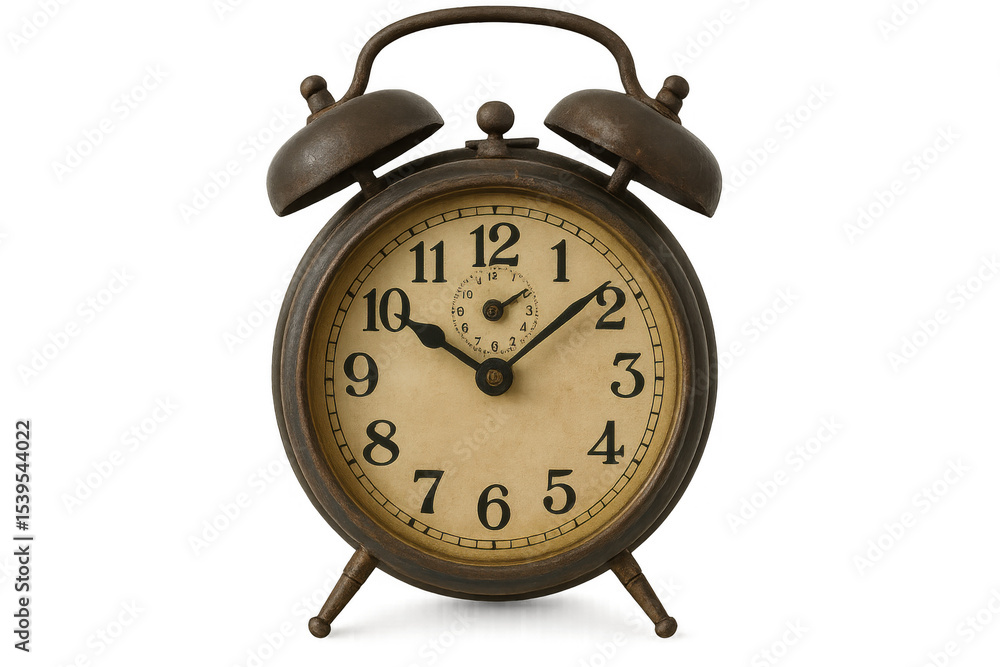 Poster old-fashioned alarm clock with bells indicating a specific time, isolated on a transparent backgroun