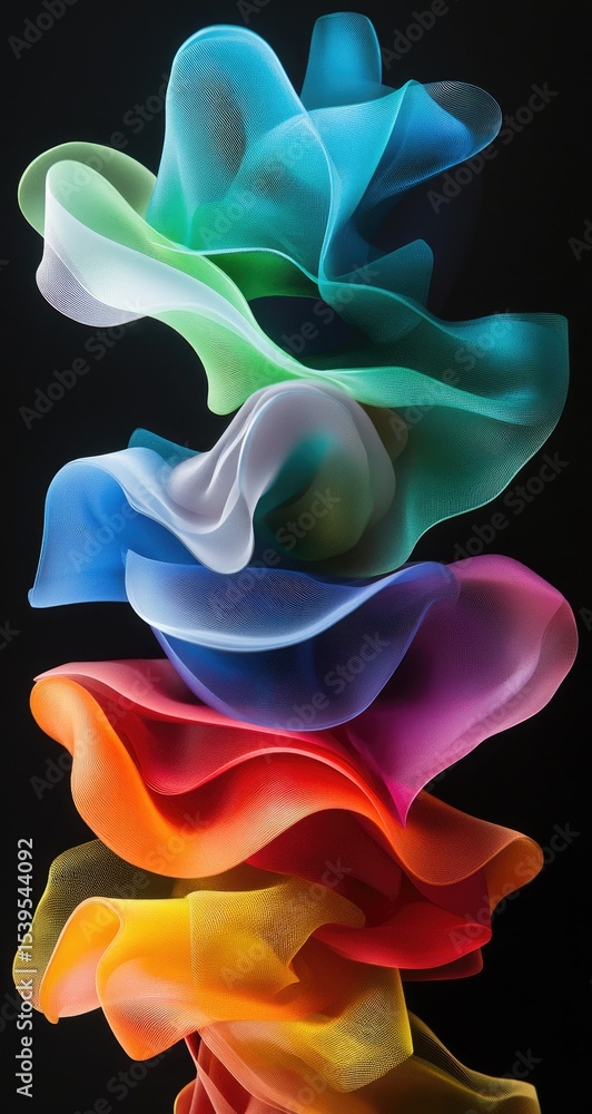 Poster abstract colorful fabric forms cascading upward against a black background