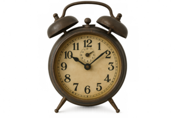 Old-fashioned alarm clock with bells indicating a specific time, isolated on a transparent background, ideal for time-related concepts