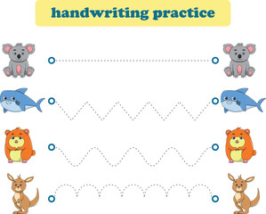 Handwriting Practice. Tracing lines for kids with animals. Vector Illustration