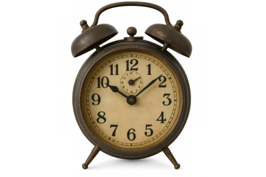 Old-fashioned alarm clock with bells indicating a specific time, isolated on a transparent background, ideal for time-related concepts