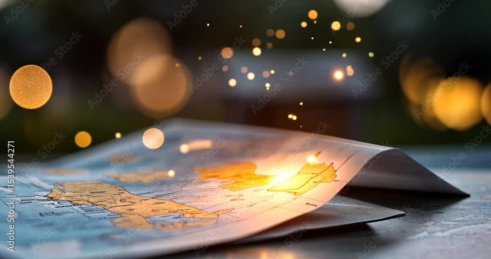 Poster glowing map with golden sparks on a dark background. close-up view of a detailed paper map with a wa