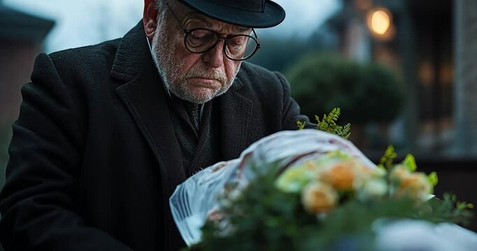 An elderly man in a black hat and coat grieves over a covered body adorned with yellow and orange flowers. The somber mood is enhanced by the twilight setting and muted color palette