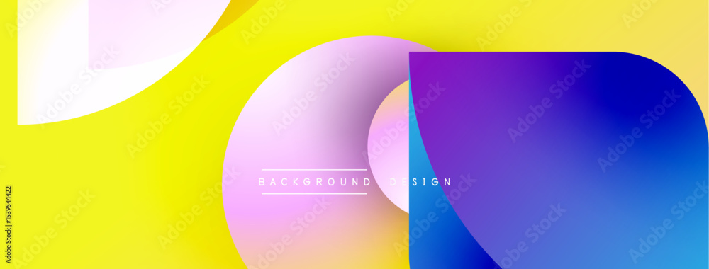 Poster Abstract colorful shapes overlap yellow backdrop. Gradient hues create modern visual effect. Design features smooth transitions, vibrant tones.