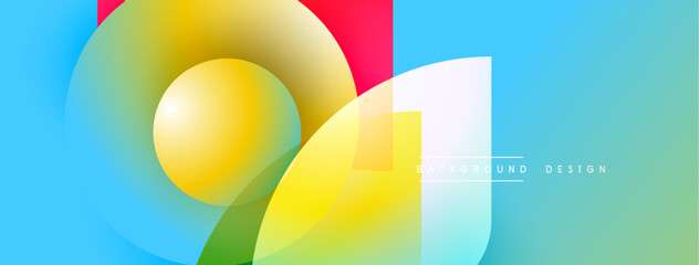 Abstract vibrant design features overlapping colorful shapes. Gradient hues create dynamic visual effect. Modern aesthetic, clean composition.