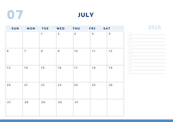 Calendar 2025 Planner A4 Document - july 2025