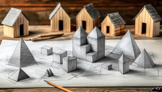Wooden miniature houses surround a sketched 3D geometric design on a table