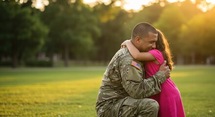 Soldier kneels to hug child, emotional reunion. Reunion celebrates sacrifice, family love