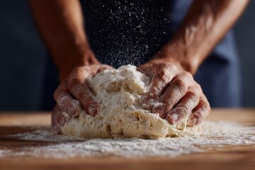 Fototapeta premium Hands kneading dough on wooden countertop with flour dust