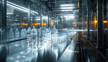 Obraz premium Clear plastic water bottles on a conveyor belt in a modern bottling plant
