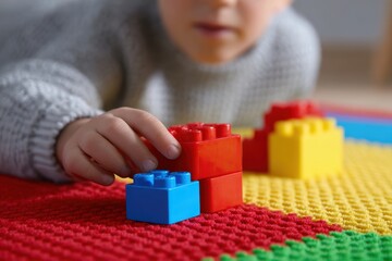 Child playing with building blocks on a colorful playmat