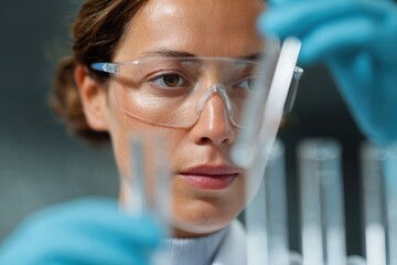 Female scientist examining test tubes in laboratory