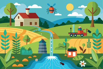 Fototapeta premium Bright landscape with a farmhouse, tractor, and flowing stream in a rural setting during a sunny day