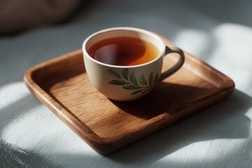 Realistic ceramic cup mockup with tea label on wooden tray with natural light