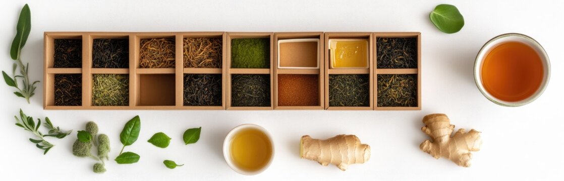 Assorted tea types in wooden box, with herbs and ginger, on white background