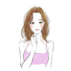 顎に手を添える笑顔の美容系女性のイラスト