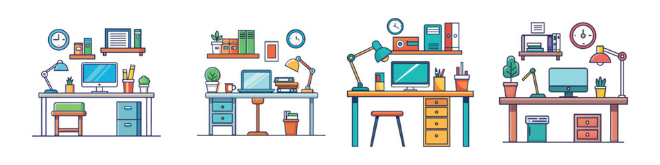 Desk Setup Flat Illustration in Simple Minimalist Style