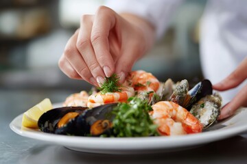 Female chef garnishing fresh seafood dish in kitchen