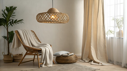 "Cozy Corner with Rattan Ceiling Lamp, Neutral Linen Drapes, Minimal Floor Chair, and Folded Blanket, Creating a Natural and Warm Aesthetic in a Modern Home Setting"
