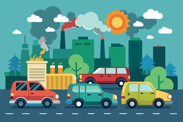 Urban traffic flows through a polluted cityscape with factories and vehicles under a sunny sky