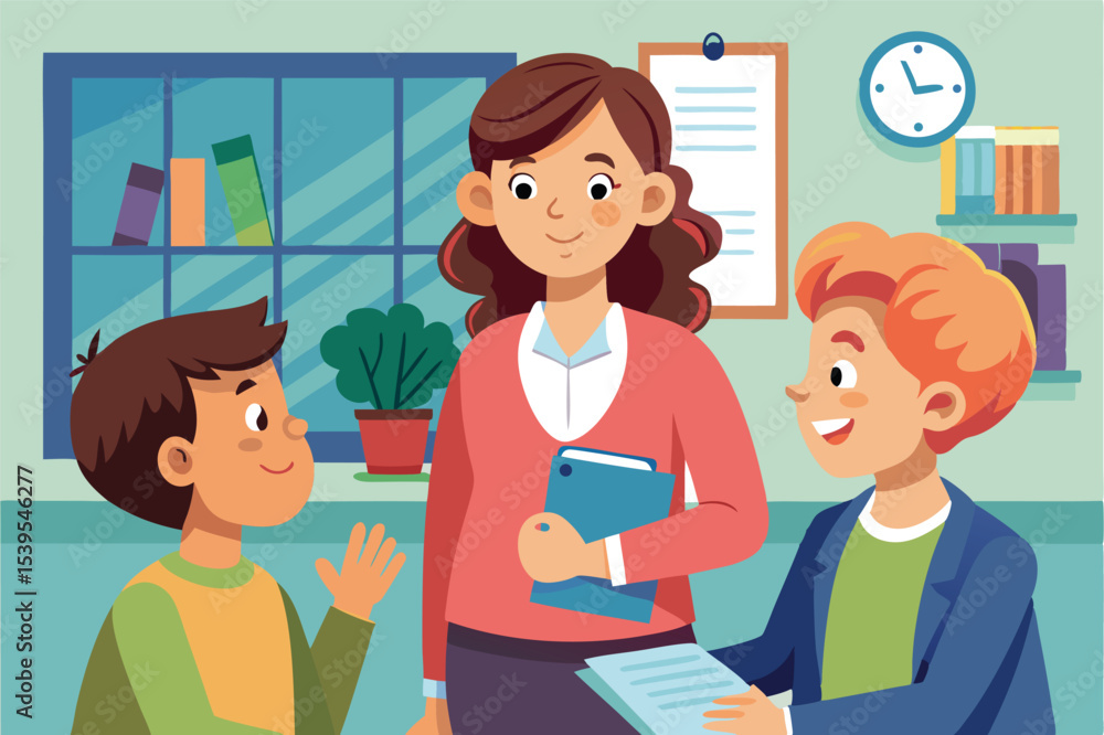 Poster children engaging with a teacher in a classroom setting discussing learning materials and assignment