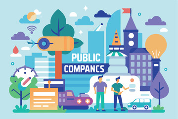 Fototapeta premium Public companies illustrated in a vibrant cityscape with modern buildings and people engaged in discussion