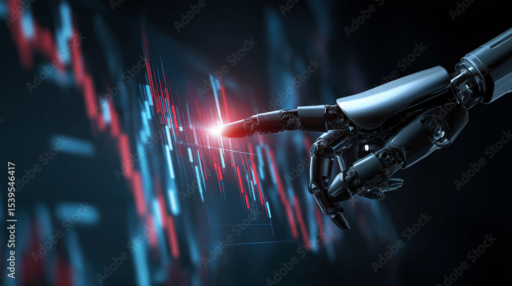 Poster robot hand interacting with futuristic digital financial chart interface.