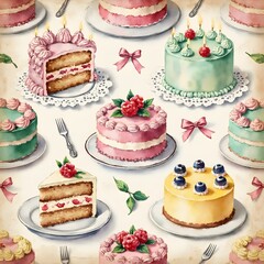 Assorted Cakes and Pastries Watercolor Illustration