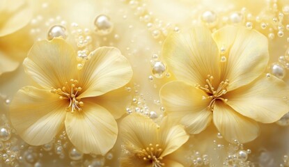Delicate, pale yellow flowers surrounded by pearls and bubbles, soft light