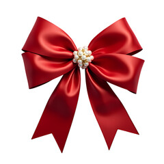 A shiny red satin bow with pearl embellishment on black back isolated on transparent background