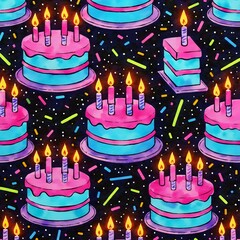 Repeating Pattern of Birthday Cakes with Candles and Sprinkles