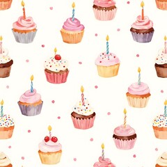 Watercolor Pattern of Assorted Birthday Cupcakes